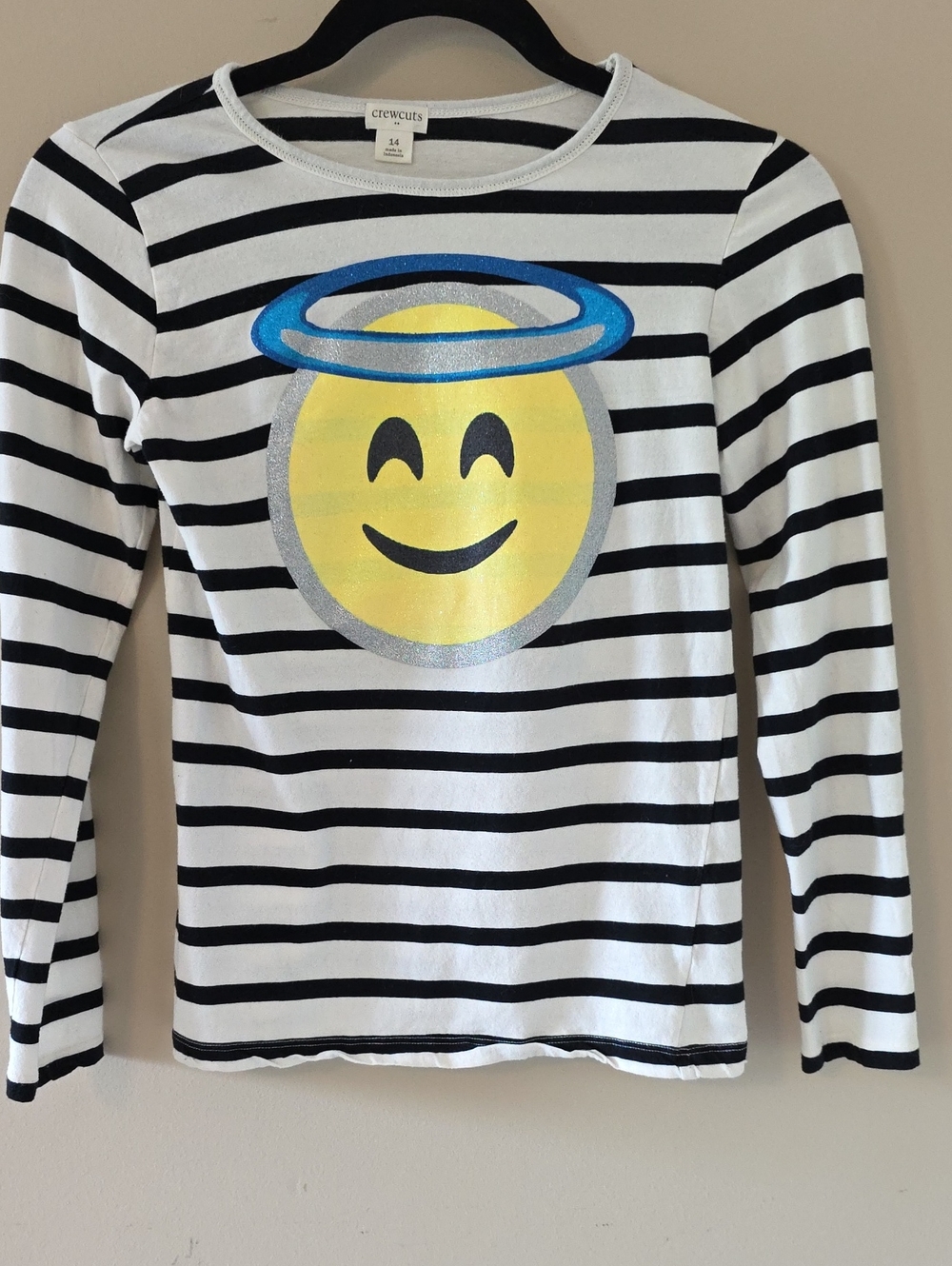 Crewcuts Black & White Stripe Long-Sleeve Tee with Yellow Halo Emoji